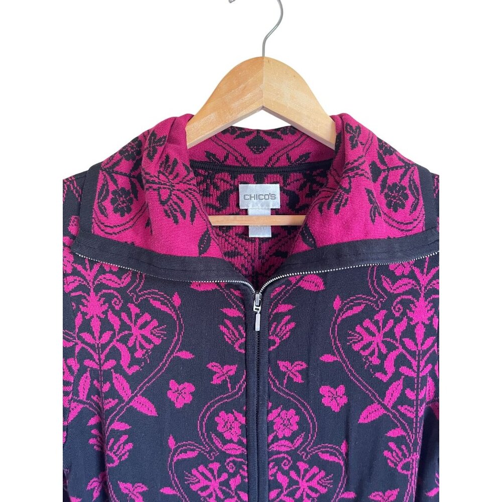 Chico's Size 1/Medium Pink Black Paisley Brocade Floral Full ZIp Knit Cardigan S - Picture 3 of 7